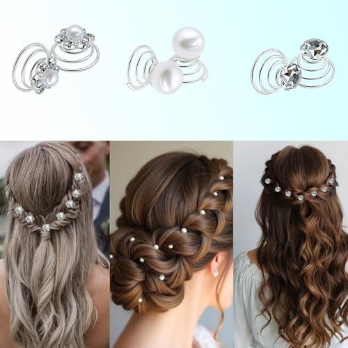 40 Pieces Rhinesetones Hair Clips, Include 4 Piece Crystal Hair Pins and 36 Pieces Spiral Hair Gems, Swirl Diamond Pearl Hairpins Flower Sparkling Hair Accessories for Wedding,brides, Party, Prom