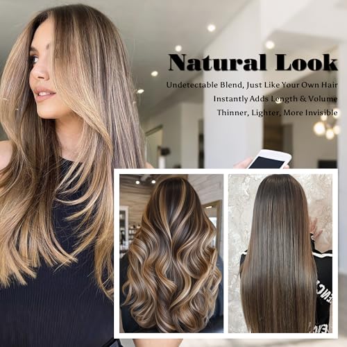Butterfly Weft Hair Extensions Human Hair-Invisible Double Layered with Hole Hand Tied Genius Weft PU Seamless Micro Beads Real Remy Hair Ombre Blonde Balayage 100g #4/27/4 16 Inch