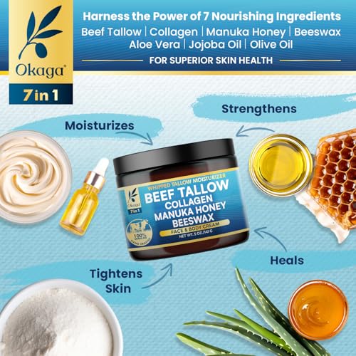 Organic Beef Tallow for Skin, Organic Grass-Fed Beef Tallow Balm with Manuka Honey, Aloe Vera, Jojoba Oil, Collagen & Beeswax, Olive Oil, Moisturizer for Dry Skin, Nourishes Face, Body & Lips (5oz)