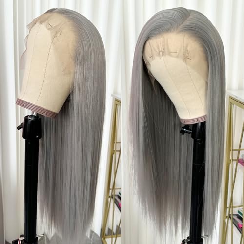 Long Gray Synthetic Lace Front Wigs Glueless Pre Plucked Heat Resistant Fiber Hair Straight Lace Front Wigs for Black Women 13 * 6 Frontal Lace Wigs