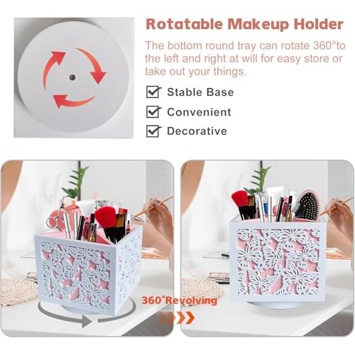 360 Rotating Makeup Brush Holder with Butterfly Cutout, Wooden Makeup Organizer for Vanity - 4 Compartment Spinning Desk Organizer for Pens, Lipsticks, Eyebrow Pencils