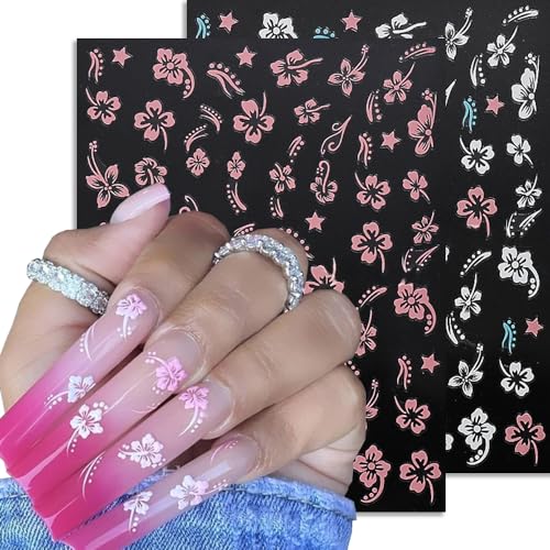 Flower Nail Stickers, Hibiscus Nail Decals 3D Self-Adhesive White Pink Gold Flower Pattern Summer Hibiscus Nail Design Manicure Tropical Accessories for Women Girls(6Sheets)