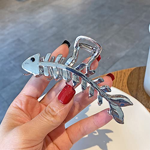 Hair Jaw Claw Clips Fish Bone Shape Large Metal Gold Fashion Nonslip Hairpin Catch Clip Accessories for Thick/Thin Hair HairStyling (Sliver)