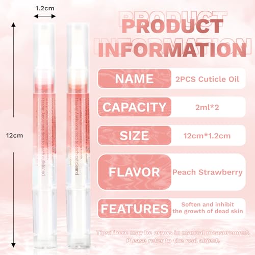 Meschett 2PCS Cuticle Oil Pens for Nail Care,Cuticle Revitalizer Oil Pen with Soft Brush,Cuticle Oil to Prevent Nail Cracking and Dry (Peach & Strawberry Flavor)