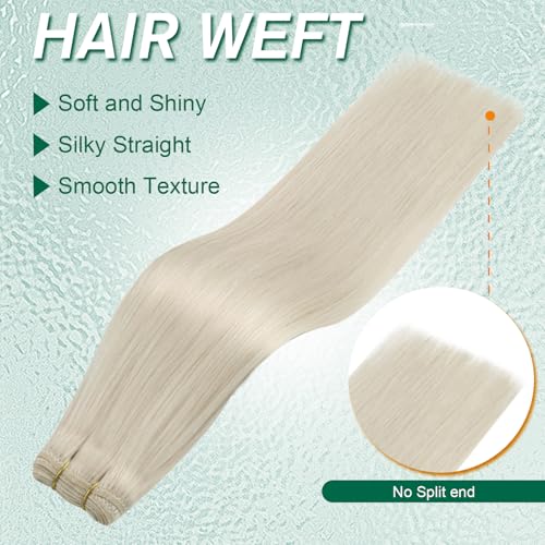 Easyouth 24In Sew in Hair Extensions Real Human Hair Blonde Weft Hair Extensions White Blonde Human Hair Extension Sew in White Hair Weft Extension Add Length and Volume 100G
