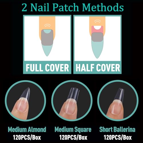 Soft Gel False Nail Tips 3 Styles Kit - Medium Almond, Square and Ballerina, 360PCS Pre-shaped Half Matte Full Cover Acrylic Nail Tips, Nail Extension DIY Manicure Salon Home, 12 Sizes,BlueZOO