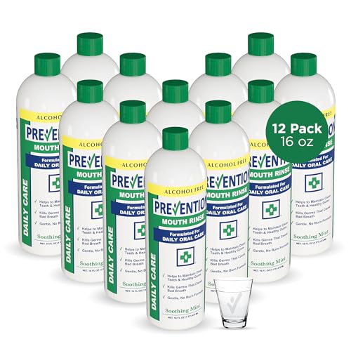 Prevention Daily Care Alcohol-Free Mouthwash, Hydrogen Peroxide Teeth Whitening with Soothing Fresh Mint for Bad Breath Treatment, Fluoride-Free Gum Care Oral Mouth Rince 16 oz 12 Pack