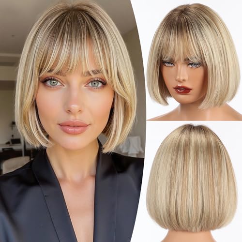 EMMOR 100% Human Hair Wig for Women - 10 Inch Shoulder Length Bob Cut with Bangs & Breathable Cap, Natural Looking for Daily Wear(Ombre Blonde Mixed Brown)