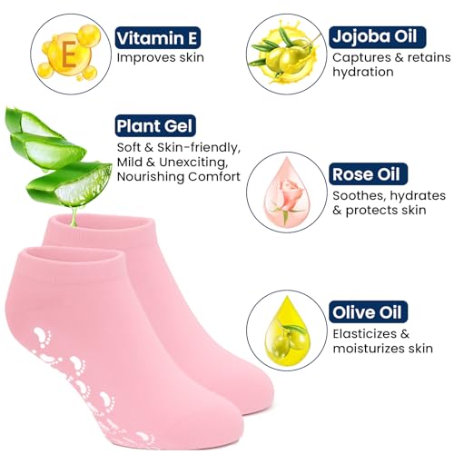Moisturizing Gel Socks for Women, Full Foot Silicone Socks (Up to Size 7.5) - 2 Pairs Spa Foot Socks with Aloe Vera, Vitamin E & Oil for Dry Cracked Feet, Heel Repair Treatment