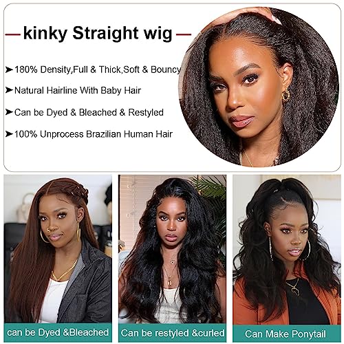 Kinky Straight Wig 24 Inch 180% Density Yaki Straight Human Hair Wig With Pre-Plucked Hairline & Adjustable Straps,Natural Black 13x4 Lace Front Wigs Human Hair For Black Women
