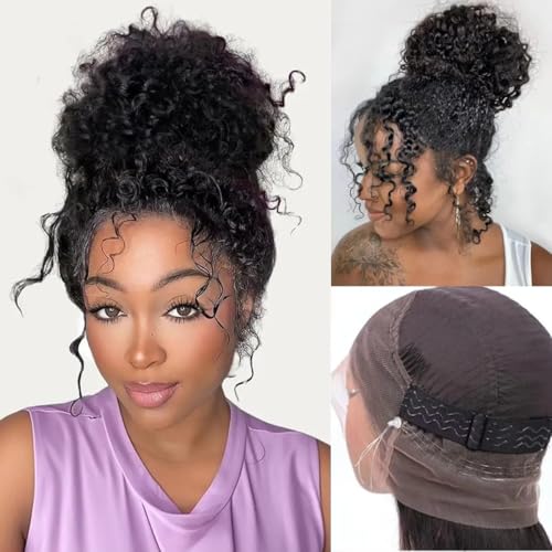 Caijuxing Water Wave 360 Glueless Lace Front Wigs Human Hair Invisi Strap HD Full Lace Front Wigs Human Hair Pre Plucked with Drawstring 180 Density Curly Wig (360-Water Wave Wig, 18 Inch)