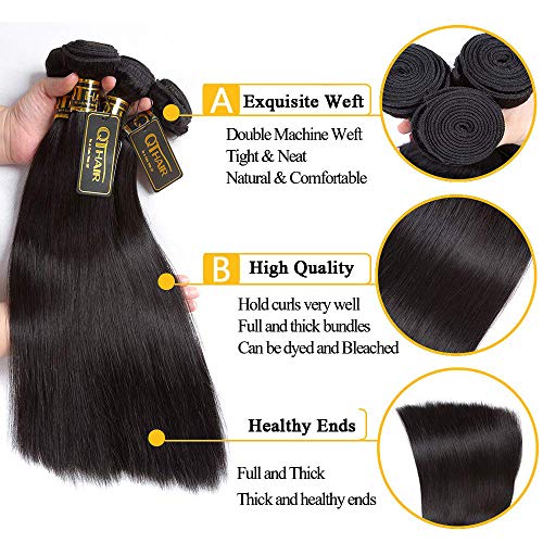 QTHAIR 16A Brazilian Straight Human Hair Bundles with Frontal(16 18 20+14,Natural Black) Brazilian Straight Virgin Hair with 13x4 Lace Frontal 100% Unprocessed Human Hair Weave with Frontal