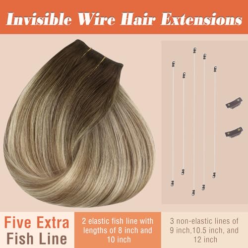 Sunny Hair Wire Hair Extensions Real Human Hair Fish Line Human Hair Extensions Invisible Wire Extensions Brown to Light Brown with Medium Blonde #3/8/22 20 Inch
