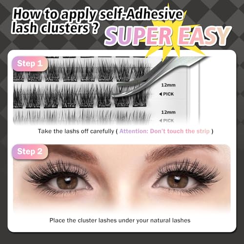 Self Adhesive Eyelashes, 156 Pcs Self Adhesive Eyelash Clusters, No Glue Needed, Invisible 2-Strip Tape - Longer Lasting, No Sticky Residue Pre Glued Eyelashes (Volume-Mixed)
