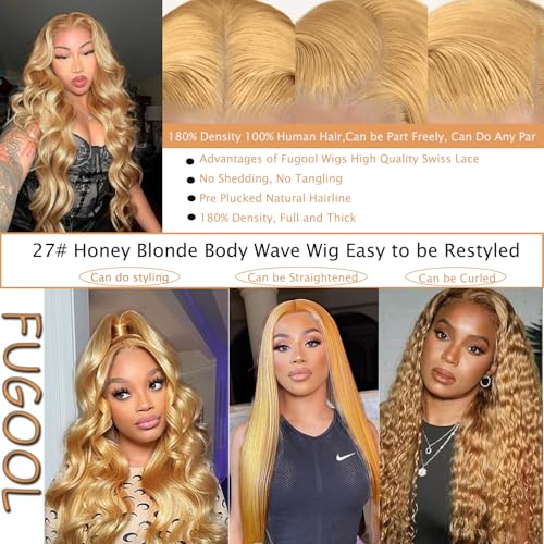 Honey Blonde Wig Human Hair 13x6 Body Wave Hd Lace Front Wigs Human Hair Pre Plucked 27# Colored Blonde Lace Frontal Wig 180% Density Real Hair Wavy Human Lace Front Wigs For Black Women 32Inch