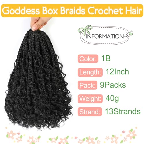 Fulcrum Goddess Box Braids Crochet Hair 12 Inch,9 Packs Boho Box Braid Crochet Hair for Women,Pre-looped Bohemian 3X Crochet Braiding Hair with Curly Ends(12Inch, 1B#)