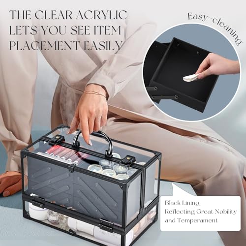 FRENESSA Portable Makeup Case Cosmetics Display Cases Toiletry Organizer Box Transparent Acrylic Artists Train Case with 6 Trays Travel Makeup Tools Storage for Vanity Counter Dresser Organizer Black