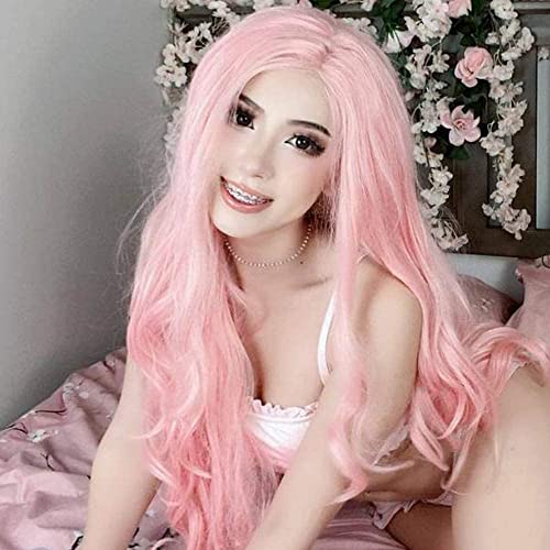 Pink Lace Front Wigs for Women Long Wavy Synthetic Hair Wig Soft Lace Wig with Natural Hairline Glueless Heat Resistant Fiber Hair for Women 24 Inch Cosplay Wigs (Pastel Pink)