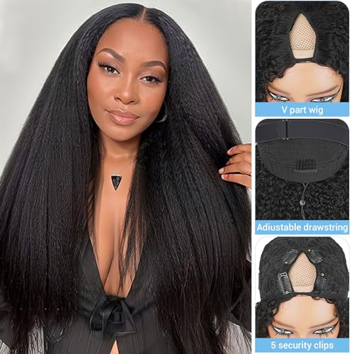 Kinky Straight V Part Wig Human Hair Upgrade Glueless Wigs 100% Real Human Hair U part Half Wigs With Clip in V Part Wig Glueless With Drawstring Kinky Straight Human Hair Beginner Friendly 20 Inch