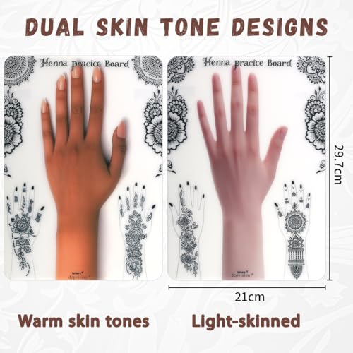 Reusable Henna Tattoo Practice Boards 2 Pack Henna Hand Practice Templates for Homemade Henna, Mehendi Heena Beginner, Aritist for Mehendi Art, 2 skin tones