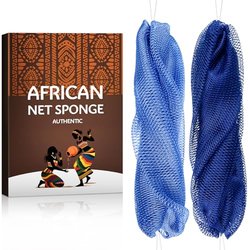 African Exfoliating Net Sponge Authentic - Real African Bath Sponge with Knots and Ropes - Back Scrubber Exfoliator Washer Cloth with Travel Bag - Body Shower Skin Care Essentials for Daily Use