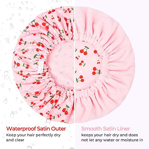 Shower Cap for Women Terry Lined Bath Cap Large Reusable Waterproof Elastic Band Pink Shower Caps for Long Thick Hair Soft Bath Shower Hair Caps