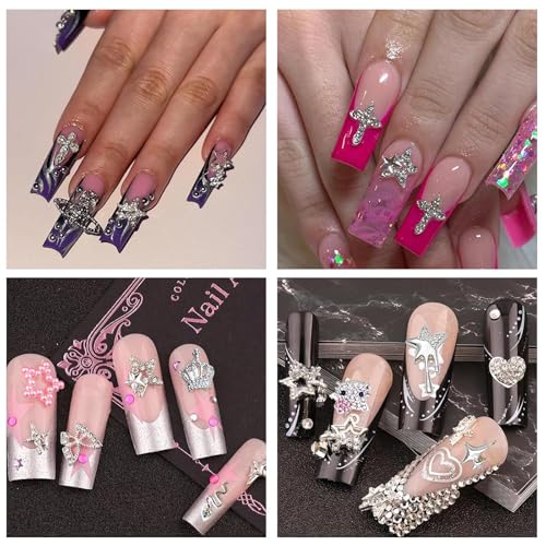 88 Pcs Silver Gold Nail Charms and Gems,Luxury Zircon Kitty cat Nail Crown Planet Snake Star Cross Nail Charms Rhinestones Alloy Nail Decoration 3D Nail Charms Y2k for Nail Art DIY Jewel Accessories