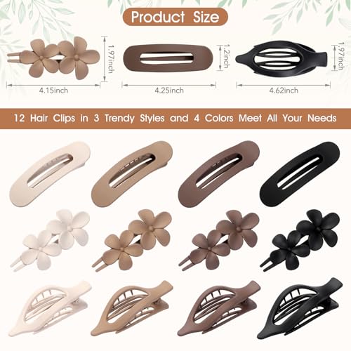 12 PCS Flat Hair Clips - 3 Styles Matte Flat Claw Clips Set Duckbill Barrettes for Women, No-Slip Strong Hold for Thin and Thick Hair, Hair Accessories for Girls Gift (Brown)