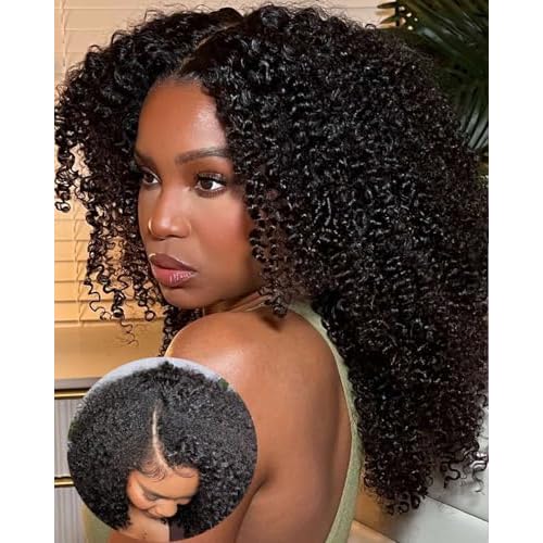 V SHOW Glueless Wigs V Part Wig Human Hair Afro Curly Wig No Leave Out Thin Part Human Hair for Beginner Friendly 180% Density Upgrade Upart Kinky Curly Wigs 20Inch