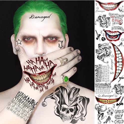 5 Sheets 3D Joker Temporary Tattoos For Men Women Adults Halloween Makeup Kit, Ghost Clown Scary Smile Face Damaged Joker Tattoos, Prisoner Halloween Cosplay Prank Costume Rave Accessories