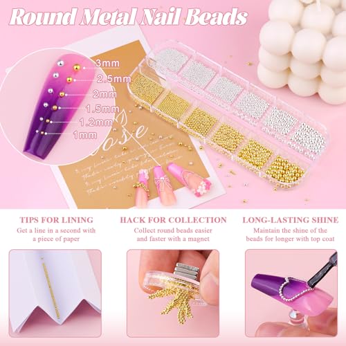Flatback Pearls and Metal Nail Beads for Nail Art (Silver+Gold), Luxurious Pearl Nail Charms and Small Round Caviar Beads Nail Accessories for Acrylic Nail Tips Manicure Decor