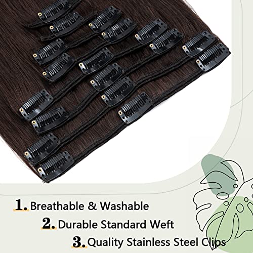 S-noilite Human Hair Extensions for Women - Standard Weft Clip in Brown Hair Full Head 8 Pieces 18 Clip 100% Real Human Hair 24"-120g Dark Brown (#2)