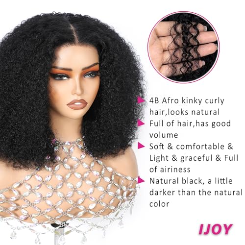 ijoy Natural Black Kinky Curly Wig Human Hair 16 Inch 13x4 Lace Front Wigs 180 Density, Full and Thick Afro Curly Wigs for Black Women Brazilian Virgin Hair Bob Frontal Wig Natural Black Afro kinky