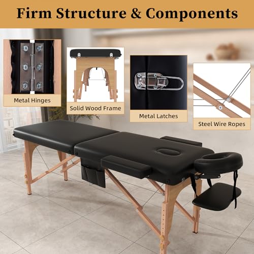 civama Massage Table Massage Bed Portable, 29 LBs Light Weight 2 Section Foldable Tattoo Bed Facial Care Spa Lash Bed Height Adjustable Sturdy Wooden Frame with Accessories Carrying Bag, Black
