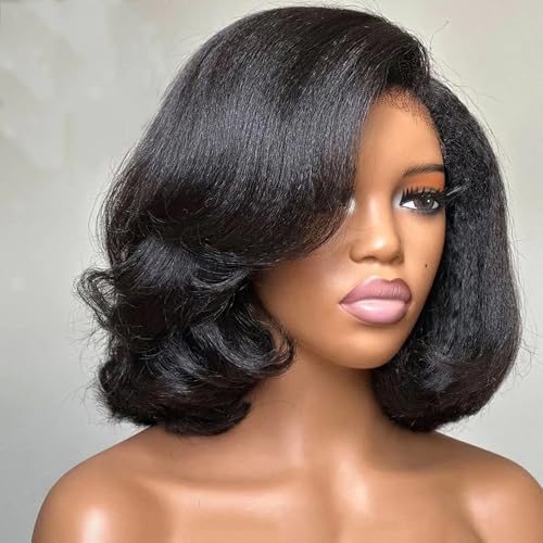 Curly Bay Hair Short Bob Yaki Side Part Layered Wavy Kinky Straight Short Bob Wig 12 Inch 180 Density Transparent HD Lace Front Wig Human Hair Pixie Cut Wig Pre Plucked with Kinky Edges