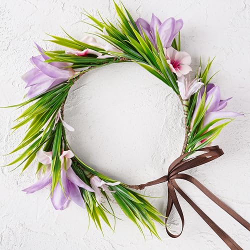 Hawaiian Leis Flower Headband - Hawaii Floral Headpiece Tropical Luau Flower Crown with Ribbon Lei Luau Dress Up Accessory Summer Beach Wedding Party Festival Photos (Purple, Pink)