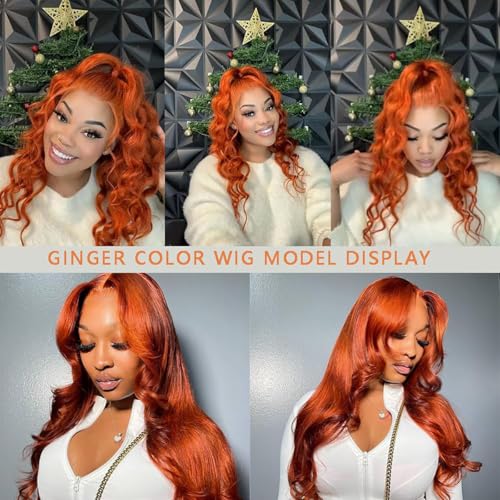 13x4 Orange Ginger Lace Front Wigs Human Hair Pre Plucked Body Wave Wig Brazilian Colored Human Hair Wigs for Black Women Invisible Transparent Lace Frontal Wigs 180% Density (28 Inch)