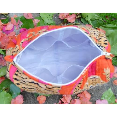 INDACORIFY Tiger Print Makeup Bag Set of 3 Pieces Indian Cotton Toiletry Bag Make up Pouch Travel Bag Quilted Wash Bag Shaving Cotton Cosmetic Kit