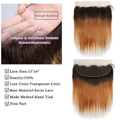 Straight Human Hair Bundles with Frontal Ombre Brown T1B/30 Color Lace Frontal Closure With Bundles (16 18 20+12 Frontal,242g) Remy 100% Human Hair Weave With Frontal for Black Women