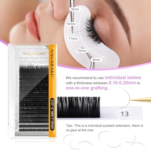 NAGARAKU Eyelash Extensions Individual Lashes 0.05mm C curl 7-15mm Mix Tray Classic Matte Black Soft Natural Faux Mink 16 rows 5 Trays
