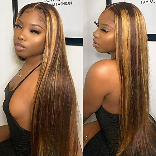 Healthair Ombre Lace Front Wigs Human hair Highlight 4/27 Honey Blonde Lace Front Wig 180% Density Straight Human Hair Wig 13x4 HD Transparent Lace Wigs for Black Women (4/27, 20inch)