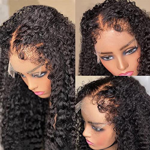 Kinky Curly Edges Hairline 13x4 Lace Front Wigs Human Hair Transparent HD Lace Frontal Wig Pre Plucked Pre Bleached Knots 4C Edges Baby Hair Deep Wave Curly Wig 180% Density (18inches)