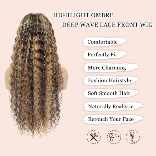 30 Inch Honey Blonde Lace Front Wigs Human Hair 13x6 Highlight Ombre Deep Wave Lace Front Wig Human Hair 4/27 Glueless Deep Wave Human Hair Wigs Pre Plucked with Baby Hair for Women