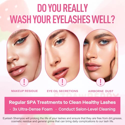 Whipped Lash Extension Cream Shampoo+Brush/3.41fl.oz/100ml/3X Concentrated Lash Shampoo for Professional & Home Use, Strawberry Flavor Eyelash Cleaner Foam