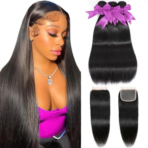 12A Straight Bundles with Closure Human Hair 20 22 24+18 Inch 100% Unprocessed Virgin Brazilian Straight Human Hair Weave 3 Bundles Deals with 4x4 HD Lace Closure