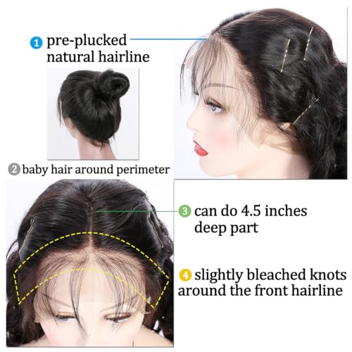 360 Lace Wigs Natural Straight Brazilian Virgin Human Hair Wigs with Pre Plucked Natural Hairline, Slightly Bleached Knots 150% Density Wigs with Baby Hair for Women Natural Color 14 Inches