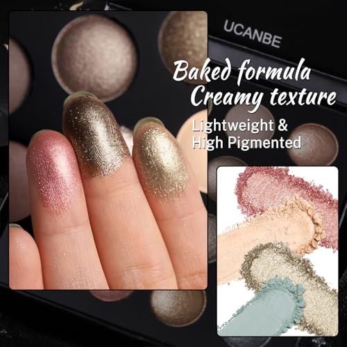 UCANBE Baked Eyeshadow Makeup Palette with Hidden Gems, 16 Colors Nude Eye Shadow with Matte Glitter Metallic Shimmer, Highly Pigmented Long Lasting Make Up Pallet