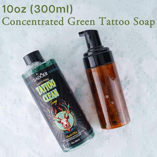 VRAIKO SADOER Ultra-Concentrated Tattoo Green Soap 10oz with Foaming Bottle 120ml, 1:10 Dilution Tattoo Soap Supplies for Tattoos Piercings, Clean Skin Equipment