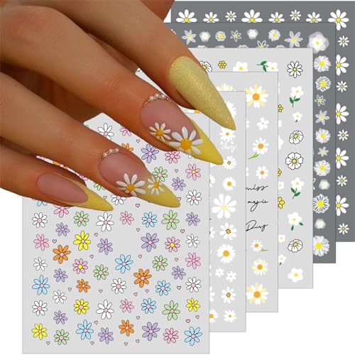 6 Sheets Daisy Nail Art Stickers, Charming Flower Chrysanthemum 3D Trendy Design Self-Adhesive Spring Nail Art Decals, DIY Manicure Decoration Supplies Accessories for Women Girls