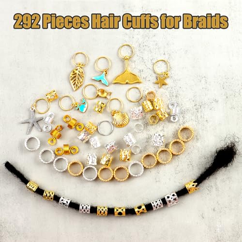 Coriario 292 Pcs Gold Silver Hair Jewelry for Braids Hair Charms Accessories Loc Jewelry Rings Cuffs Pendants Decorations for Women Men Braids Locs Dread